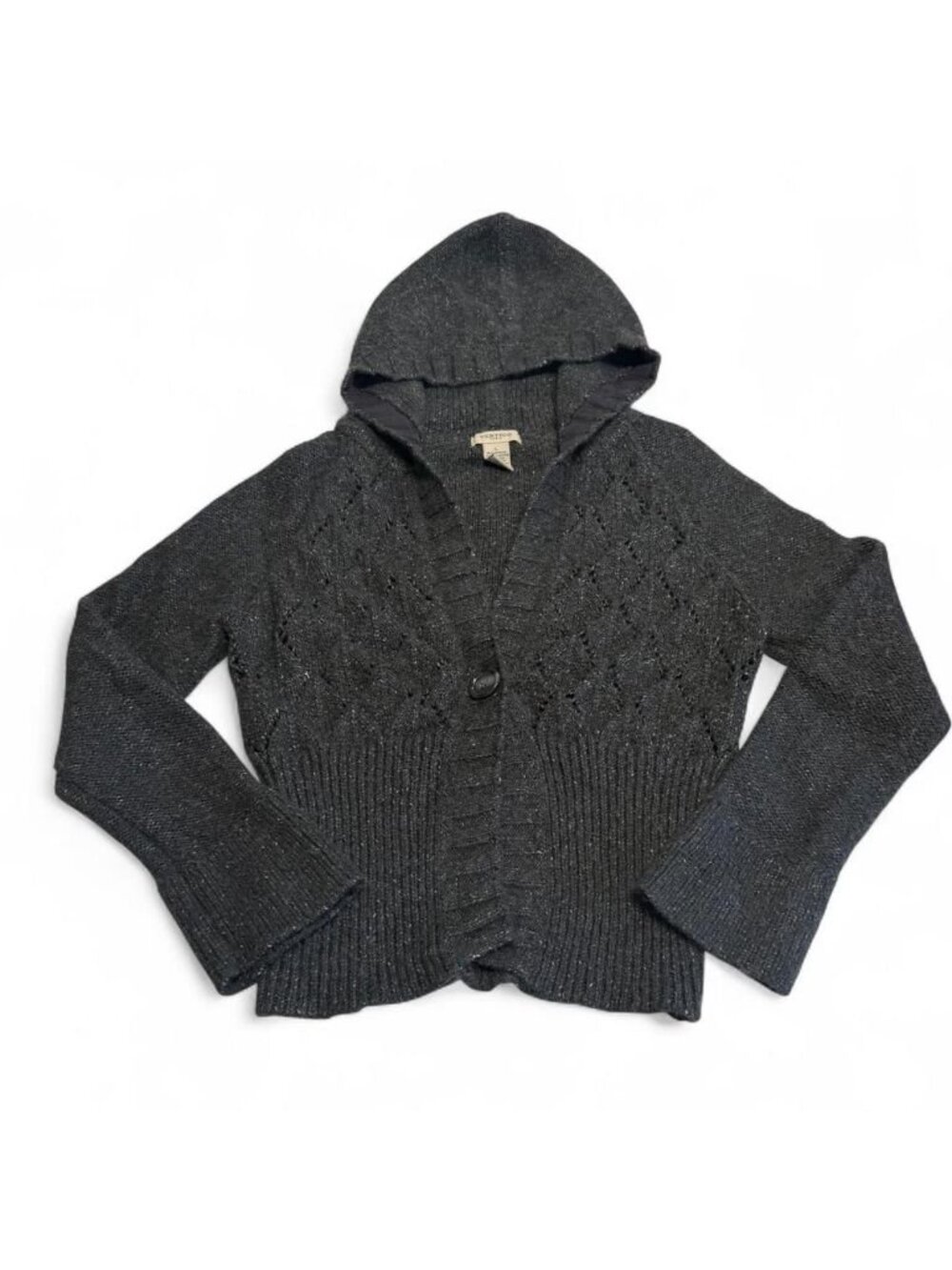 Vintage Y2K Vertigo Knit Cropped Hooded Cardigan Sweater Women's Large Cozy Fall